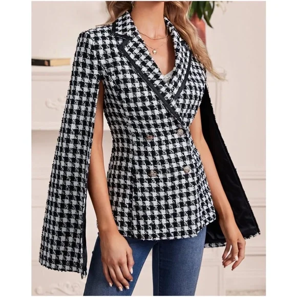 Classic Plaid Button up Cape Blazer - Picture 2 of 5